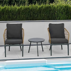 Outdoor Black Wicker Furniture Set Coffee Table and 2 Rattan Lounge Chair with Grey Cushions(2-Pack)