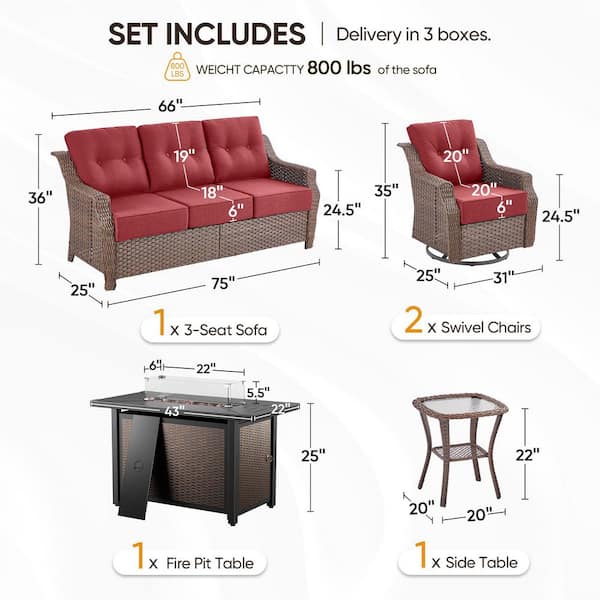 Modern Farmhouse 5-Piece Brown Wicker Patio Fire Pit Conversation Set with Red Cushions and Rectangle Metal Fire Pit