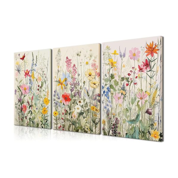 Unbranded Framed Colorful Wildflower Canvas Wall Art Set of 3, 16 in. x 12 in. x 0.2 in.