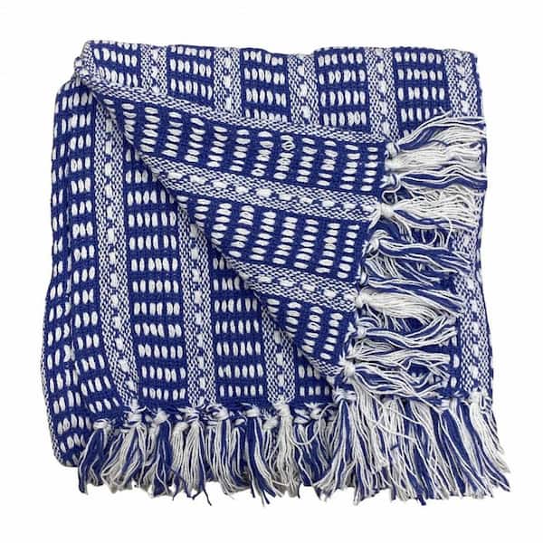 HomeRoots Charlie Blue and White Striped Cotton Throw Blanket