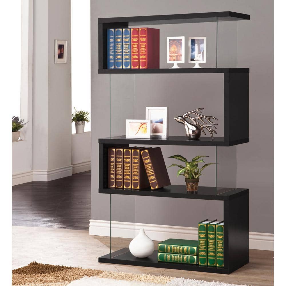 Contemporary Zigzag 63" Black Bookshelf with Glass Supports