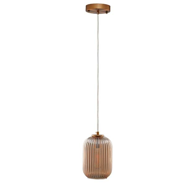 CARRO Cygnus Little 1-Light Amber Mini Pendant with Cylinder Ribbed Glass Shade