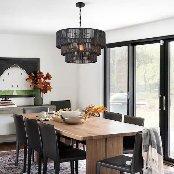 22 in. 1-Light 3-Tiered Pendant Light with Black Rattan Shade
