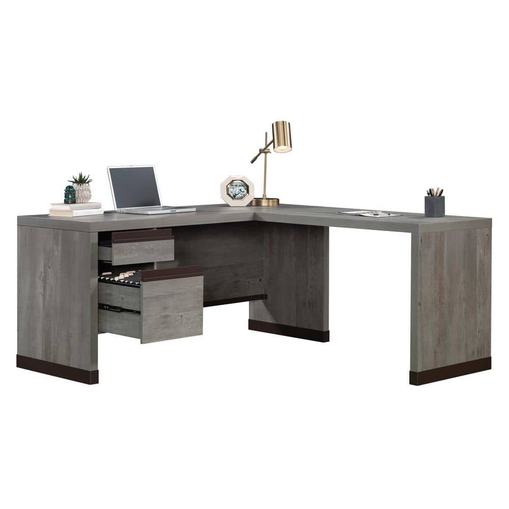 Mystic Oak Gray L-Shaped Computer Desk with Drawer and Filing Cabinet