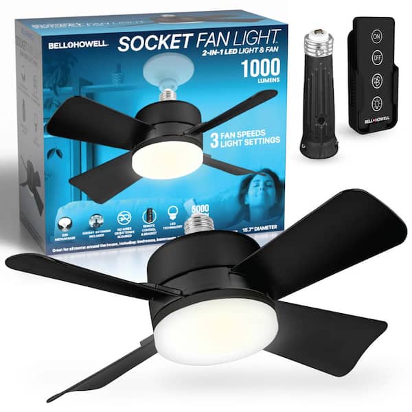Bell + Howell Socket Fan 15.7 in. Indoor Black Socket Warm Light Ceiling Fan with Remote