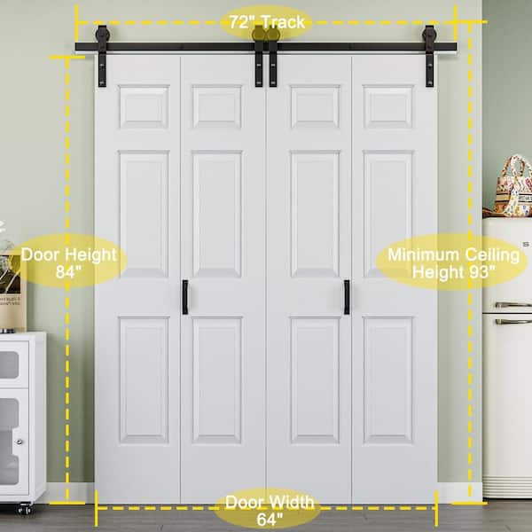 64 in. x 84 in. Paneled 6-Lite White Primed MDF Composite Bi-fold Sliding Barn Door with Hardware Kit and Handle