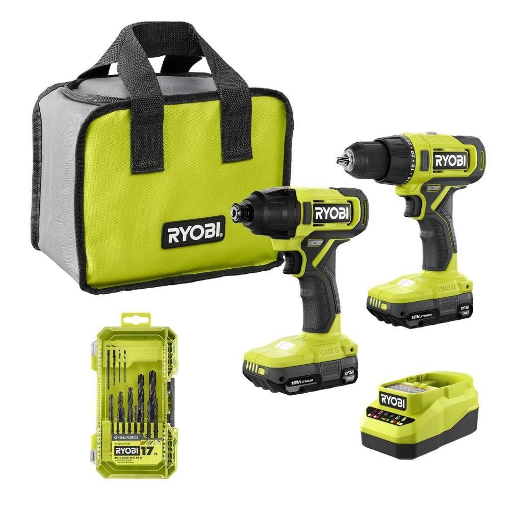 RYOBI ONE+ 18V 2-Tool Combo Kit w/ Drill, Impact Driver, (2) Batteries, & Charger w/ 17PC Black Oxide Drill Bit Set (1200K2XA971701)