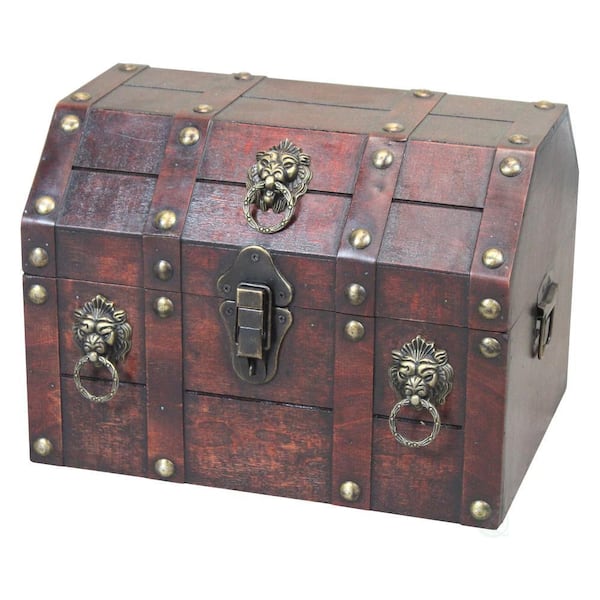Antique Wooden Pirate Treasure Chest with Lion Rings and Lockable Latch, Brown, 13 in. W, Decorative Accent