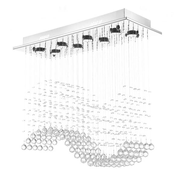 31.5" 8-Light Brushed Silver Modern Chandelier Rectangular Crystal Raindrop Flush Mount Pendant Lighting for Dining Room