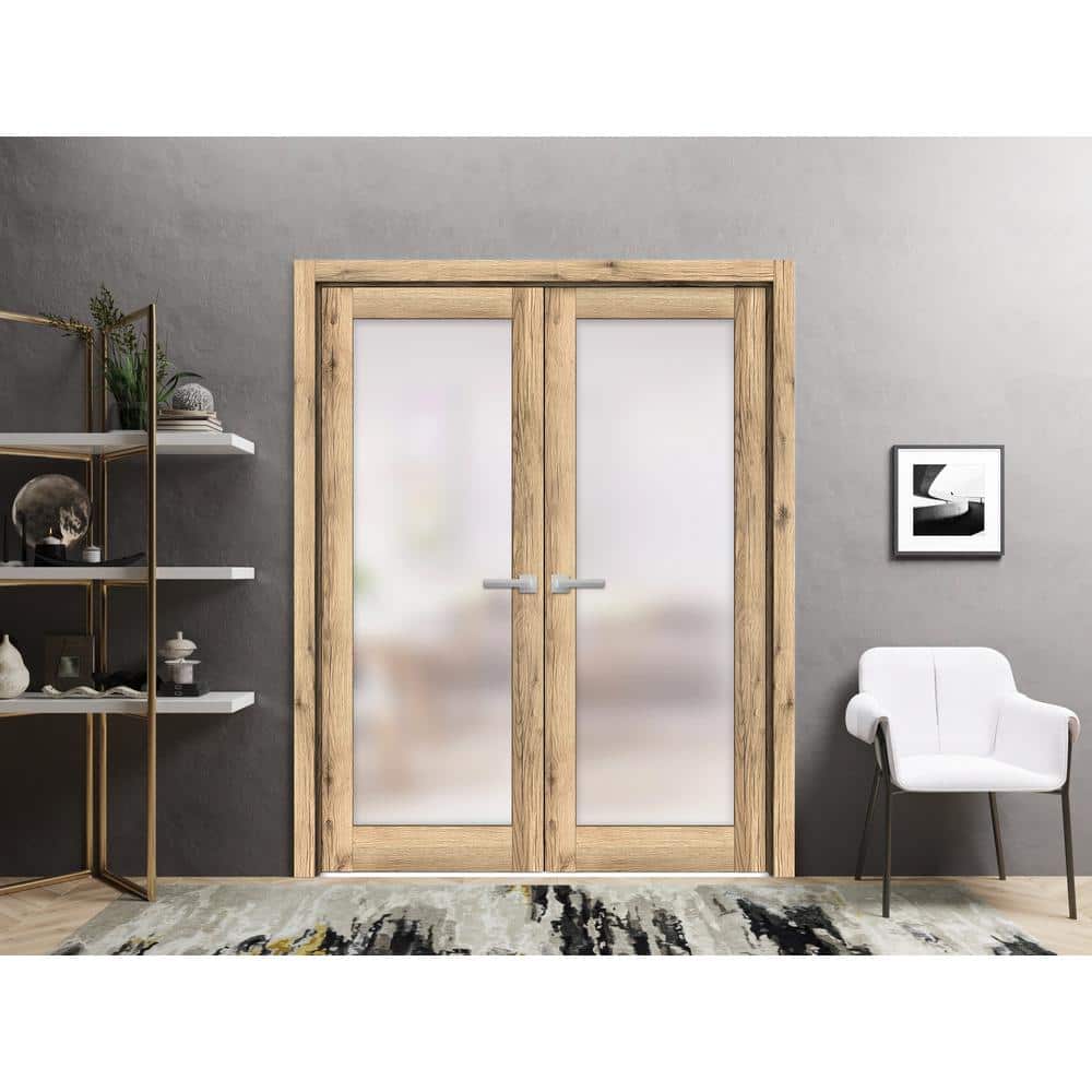 Modern Oak French Double Doors with Frosted Glass Panels, 48 x 80 inches