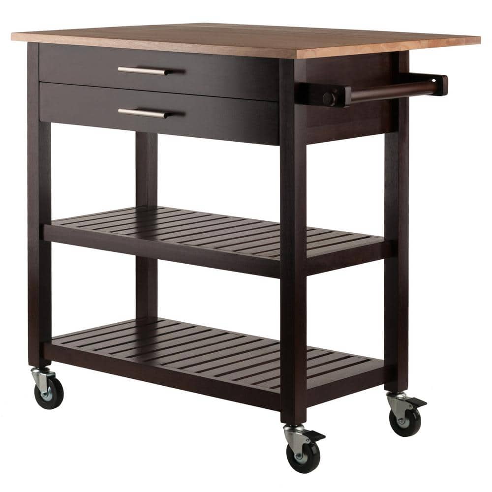 Brown Wood Drop Leaf Kitchen Cart with Storage