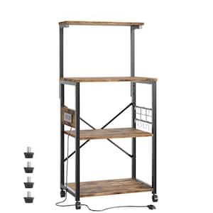 Rustic Brown 4-Shelf Wood 23.62 in. Kitchen Baker's Rack with Power Outlet and Microwave Oven Stand