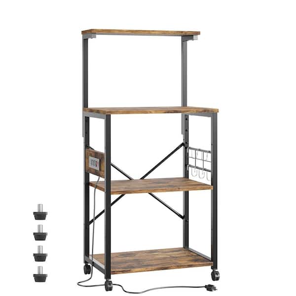 Bestier Rustic Brown 4-Shelf Wood 23.62 in. Kitchen Baker's Rack with Power Outlet and Microwave Oven Stand