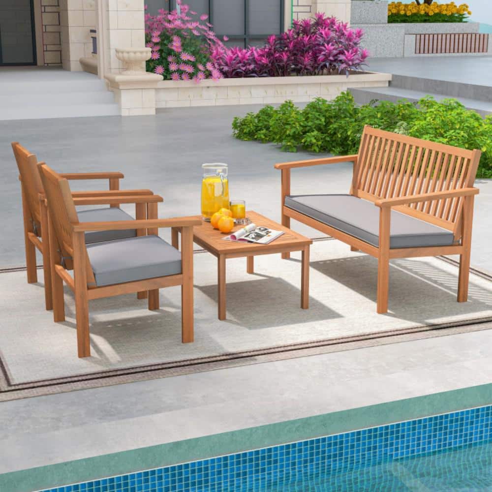 4-Piece Wood Patio Conversation Set with Loveseat and Gray Cushions price history on PriceWatchPro