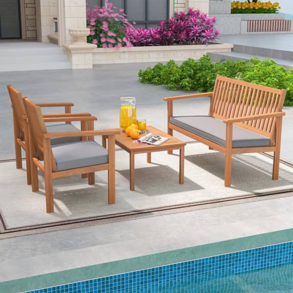 Kadehome 4-Piece Wood Patio Conversation Set with Loveseat and Gray Cushions