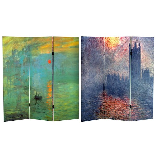 RED LANTERN 4 ft. Short Works of Monet Canvas 3-Panel Folding Screen