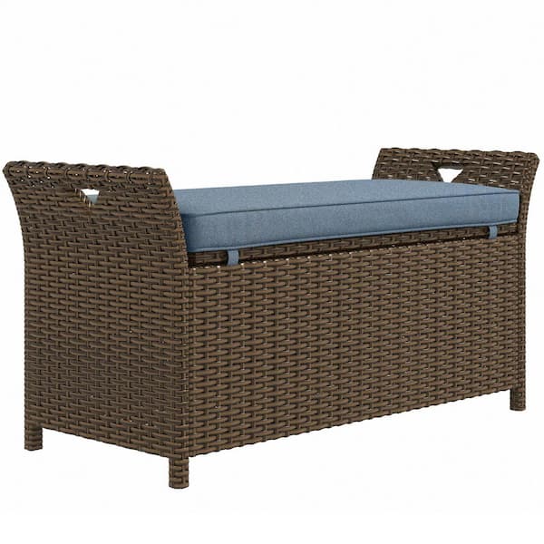 27 Gal. Patio Wicker Outdoor Storage Bench, Steel Patio Furniture with Handles, Blue Cushion for Pool, Garden