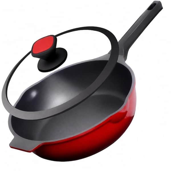 Nonstick Deep Frying Saute Pan 12 Inch 5 Qt with Silicone Lid Spatula Cast Aluminum Induction Compatible
