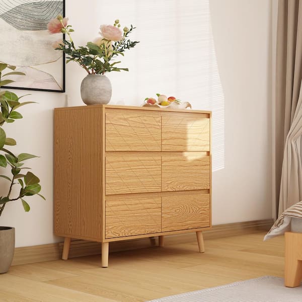 FUFU&GAGA Natural Wood Color 6 Drawers 31.5 in. Width Nightstand, Side Table with Solid Wood Legs and Wood Grain Finish