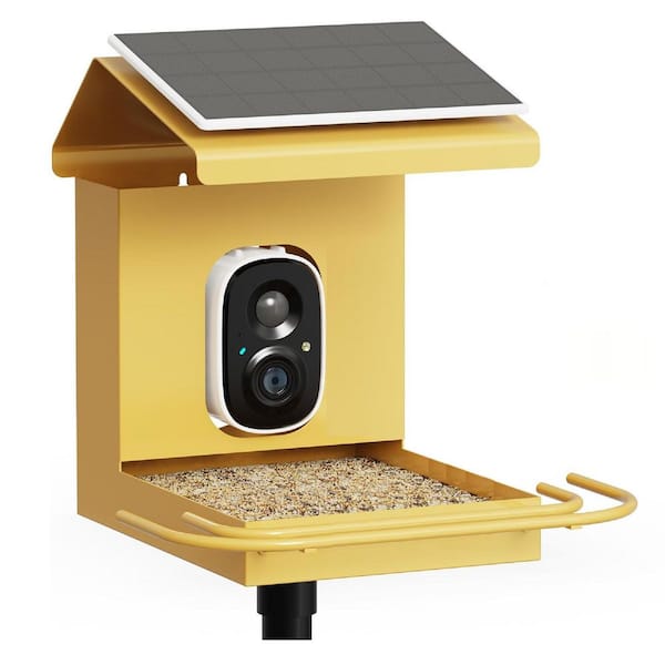 Yellow Metal Smart Bird Seed Feeder 30 oz. Bird Feeder Capacity with AI Bird Camera Solar Powered 2. 4G WiFi