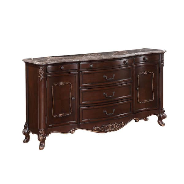 Benjara Brown Marble Top 19 in. Sideboard with 6-Drawers and 2 Cabinets
