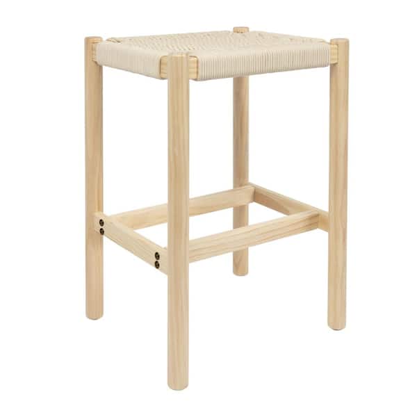 Storied Home Fernway 25 in. Cream Solid Wood Height Bar Stool with Rope Seat