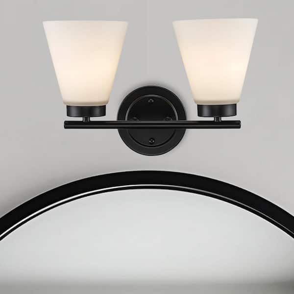 Fifer 14.5 in. 2-Light Black Bathroom Vanity Light Fixture with Frosted Glass Shades