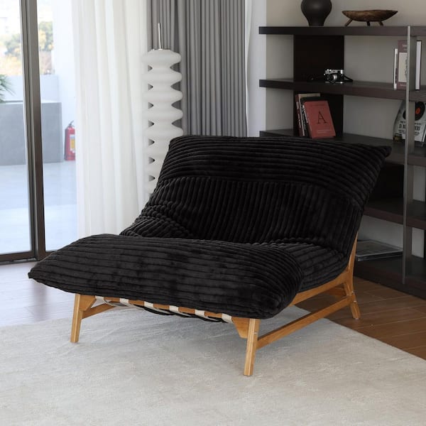 J&E Home Black Rabbit Hair Plush Fabric Armless Solid Wood Accent Recliner Chair with Bean Cushion