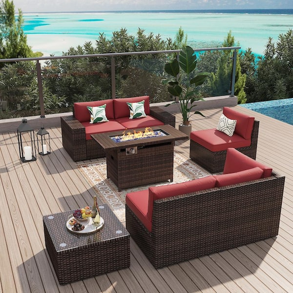 Sizzim 7-Piece Outdoor Fire Pit Patio Set, Patio Sectional Set with Fire Pit Table, Coffee Table, Red Cushions, Set Covers