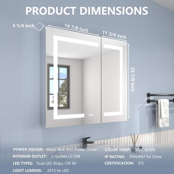 32 in. W x 30 in. H Rectangular Silver Aluminum Recessed/Surface Mount Dimmable Medicine Cabinet with Mirror