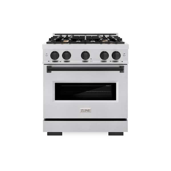 ZLINE Kitchen and Bath Autograph 30 in. Classic Gas Range with 4 Burners and Convection Gas Oven in Satin Steel and Matte Black Accents