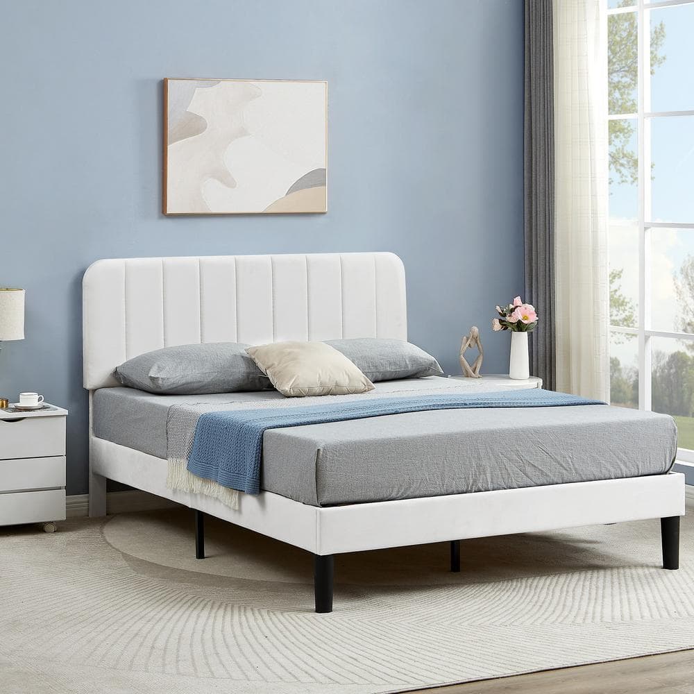 VECELO Upholstered Bed, White Queen Bed Platform Bed Frame With ...