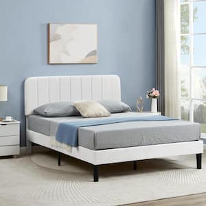 Upholstered Bed, White Queen Bed Platform Bed Frame with Adjustable Headboard, Strong Wooden Slats Support Bed Frame