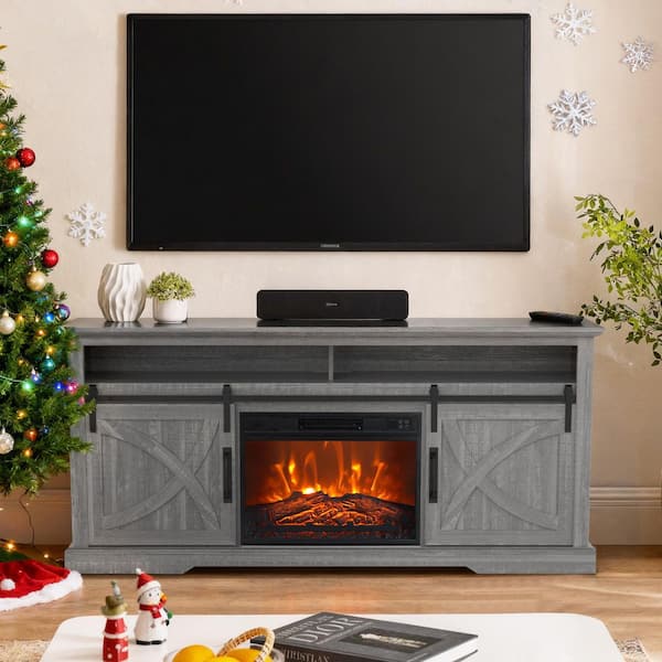 IHOMEadore 68 in. Freestanding Media Console Electric Fireplace TV Stand in Light Gray