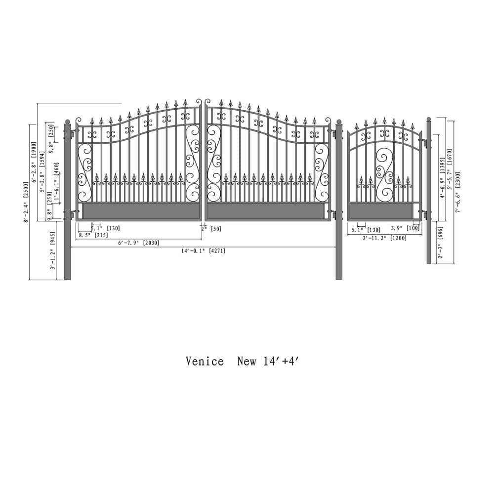 Venice Style Black Steel Dual Driveway Gate with Pedestrian Access