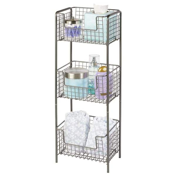 mDesign Steel Freestanding 3-Tier Storage Organizer Tower with Baskets -  Black