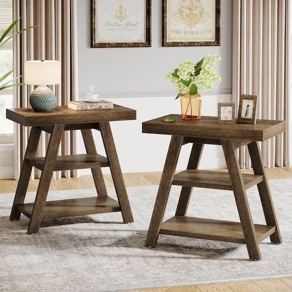 BYBLIGHT Kerlin 2PCS 23.62 in. Brown Rectangle Side Table Wood End Table with 3-Shelf Storage for Living Room, Bedroom