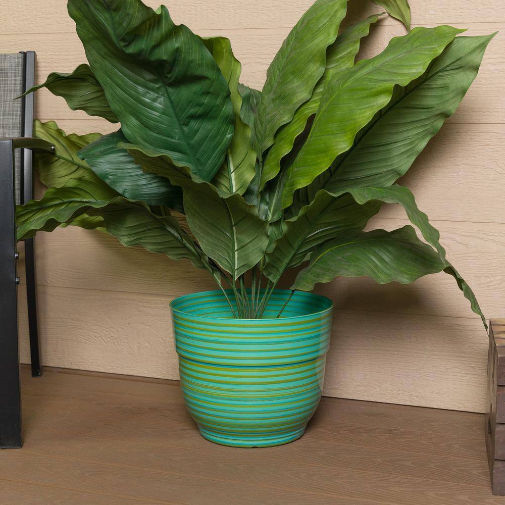 Turquoise and Green Striped Polypropylene Indoor Outdoor Planter, 13"