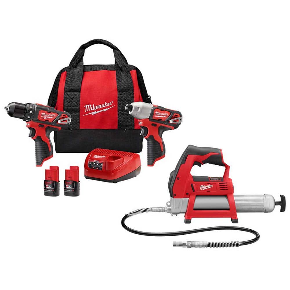 Milwaukee M12 12V Lithium-Ion Cordless Drill Driver/Impact Driver Combo Kit w/Two 1.5Ah Batteries and M12 12V Cordless Grease Gun -  2494-2446