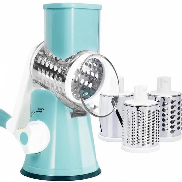 Blue Rotary Cheese Grater with 3 Interchangeable Blades and Strong Suction Base for Easy Manual Shredding