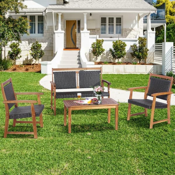 Kadehome Brown 4-Piece Acacia Wood Patio Conversation Set