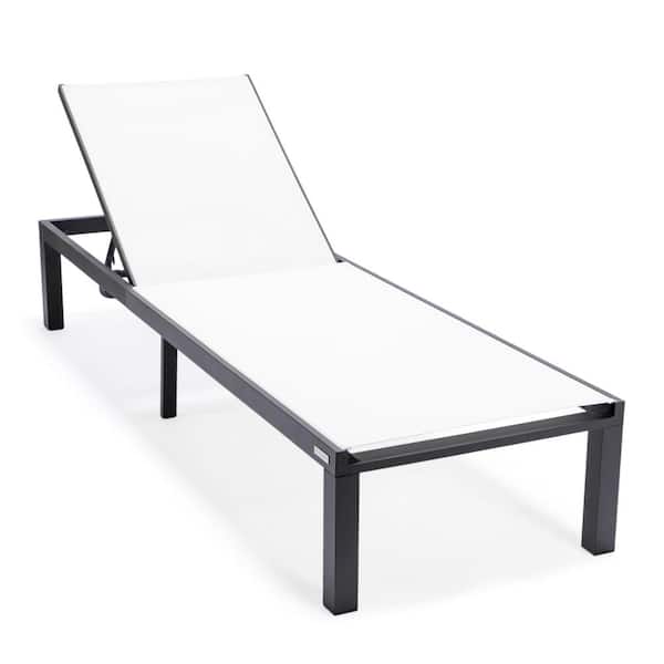Leisuremod Marlin Modern Black Aluminum Outdoor Patio Chaise Lounge Chair with Fire Pit Table (White)