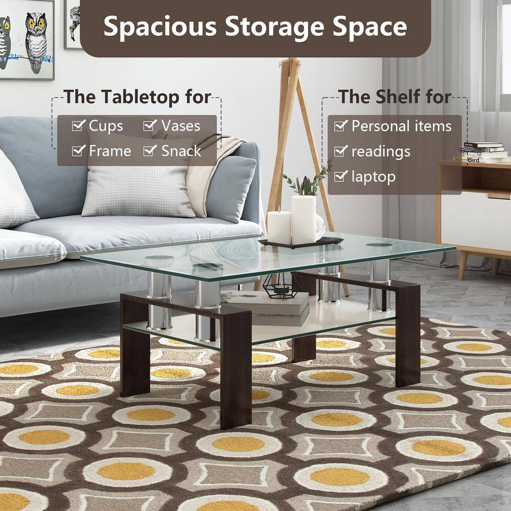 Rectangular Coffee Glass and Metal Coffee Table with Shelf