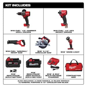 M18 FUEL 18-Volt Lithium-Ion Brushless Cordless Combo Kit (5-Tool) with (4) Batteries, 1 Charger 1 Tool Bag