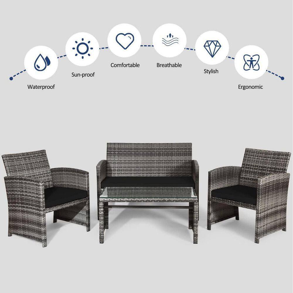 Black 4-Piece Rattan Patio Furniture Set with Glass Table