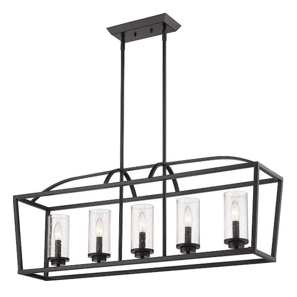 Golden Lighting Mercer 5-Light Linear Pendant in Matte Black with Matte Black Accents and Seeded Glass