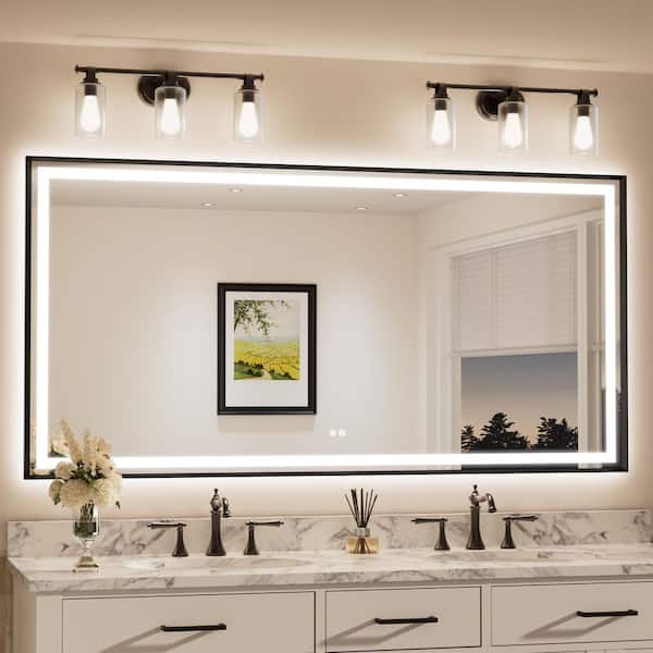 72 in. W x 36 in. H Rectangular Framed LED Anti-Fog Wall Bathroom Vanity Mirror in Black with Backlit and Frontlit