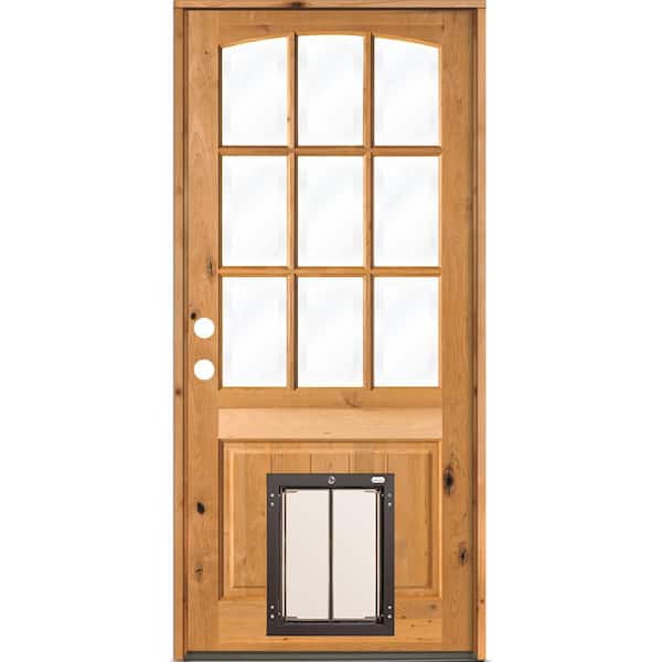32 in. x 80 in. Knotty Alder Right-Hand/Inswing 9-Lite Clear Glass Clear Stain Wood Prehung Front Door w/Large Dog Door