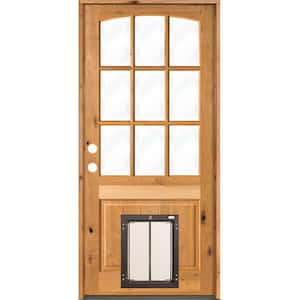 36 in. x 80 in. Right-Hand Arch Top 9 Lite Clear Glass Stained Wood Prehung Door with Large Dog Door