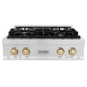 Autograph Edition 30 in. 4 Burner Front Control Gas Cooktop with Polished Gold Knobs in Fingerprint Resistant Stainless